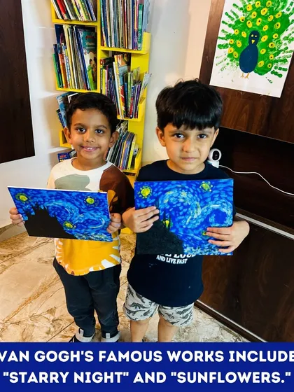 Two friends showcasing their incredible 'Starry Night' paintings. It's so rewarding to see kids learn about art history and then apply that inspiration to their own work.