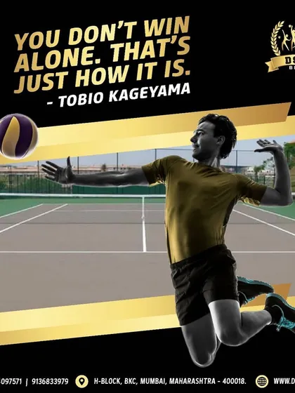 A player leaps for a powerful serve on our outdoor court. We believe in teamwork and provide the facilities for you to practice coordination and agility in volleyball.