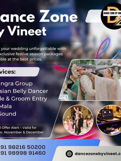 Take advantage of our festive season special offers. This package bundles multiple services, including a Bhangra group, Russian belly dancers, bride and groom entry coordination, Jaimala setup, and DJ sound.