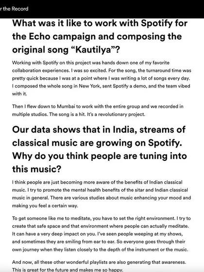 An article from Spotify's 'For the Record' blog detailing my work on the 'Kautilya' project. It explains my process of blending traditional ragas with modern production.