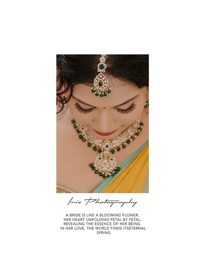 A close up bridal portrait focusing on the stunning necklace and makeup. The quote overlay adds a poetic touch to this beautiful shot.