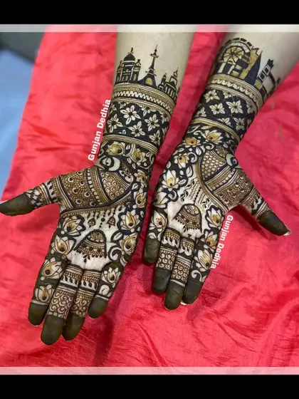 For the couple who loves to travel, this design features the skylines of Paris and London. It's a perfect example of how we can incorporate your personal story into your bridal mehendi.