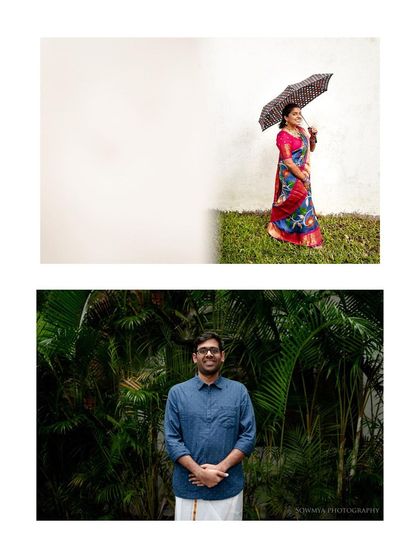 A simple and charming portrait collage. The bride with an umbrella and the groom against a wall of green create a story of classic, understated style.