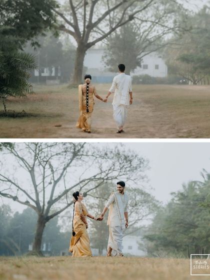 Two frames showing a romantic walk through a misty park. This captures the quiet, peaceful moments of a couple's journey together in their traditional wedding attire.