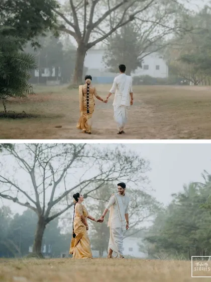 Two frames showing a romantic walk through a misty park. This captures the quiet, peaceful moments of a couple's journey together in their traditional wedding attire.