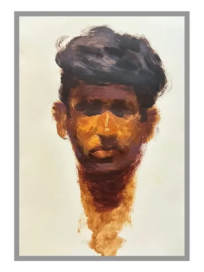 A rapid portrait sketch in acrylics. This shows my spontaneous and intuitive side, where I focus on capturing the essence of a person with quick, confident brushwork.