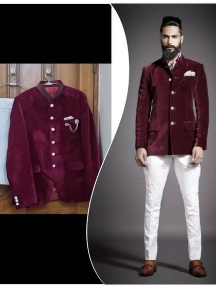 This luxurious maroon velvet blazer, paired with crisp white trousers, is available for rent. It's a sophisticated and fashionable choice for any special occasion.