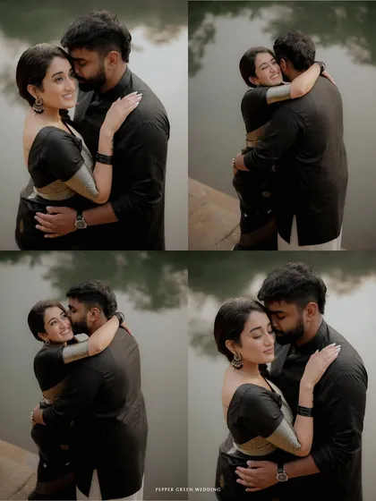 A series of loving embraces, showcasing the deep affection and comfort this couple shares during their pre-wedding session by the water.
