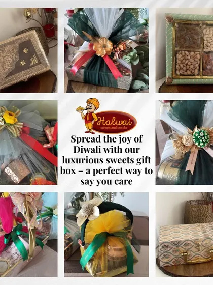 Spread the joy of any festival with our luxurious gift hampers. This collage showcases the variety of our elegant packaging, from intricate boxes to beautifully wrapped parcels, ensuring your gift looks as good as it tastes.