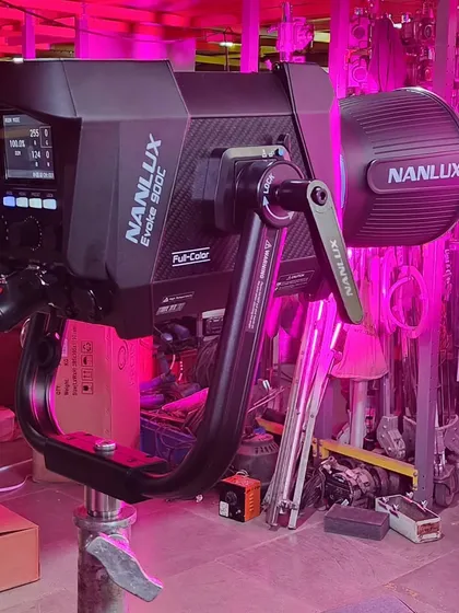 A close-up of the new Nanlux Evoke 900C, a full-color RGBLAC LED spotlight. Its wide color temperature range from 1800K to 20,000K makes it incredibly versatile for any lighting environment.