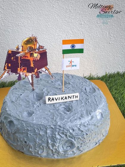 We were honored to create this Chandrayaan 3 mission cake for someone who worked on the project. The cake is shaped like the moon's surface with a topper of the lunar lander.