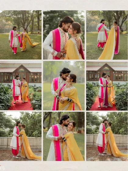 This collage presents a variety of moments from a single Marathi look photoshoot. It shows our ability to capture a range of poses, from playful and candid to formally posed, giving you a complete story of your day.