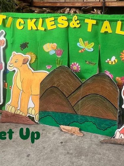 Here is my setup for a Lion King themed birthday party. The hand-painted characters of Mufasa, Simba, and Scar really help set the scene and draw the children into the world of the Pride Lands.