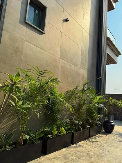 Another view of the planter boxes along the driveway. The sleek black design of the planters complements the modern architecture of the house.