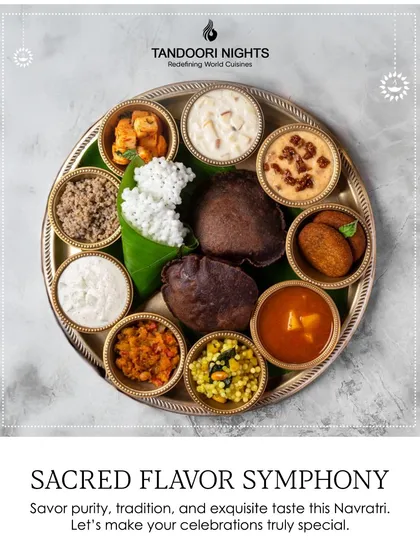 We honor tradition with our Sacred Flavor Symphony. This authentic Navratri thali is a testament to our ability to create exquisite, flavorful meals for spiritual events, prepared according to Satvik principles without onion or garlic.
