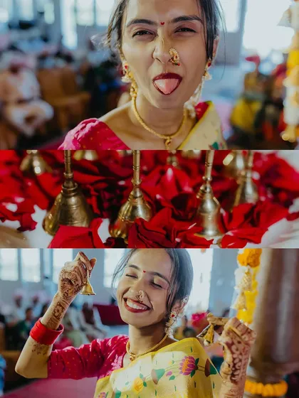 A fun and candid collage of the bride's sister enjoying the wedding rituals, showing the joyful spirit of the celebration.