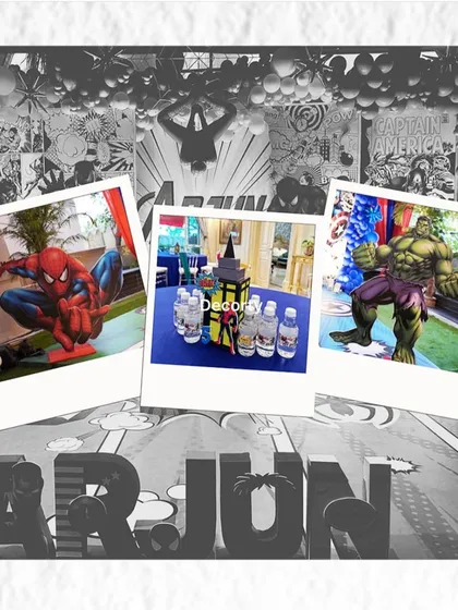 A cool, stylized collage of photos from the superhero party, capturing the key decor elements.