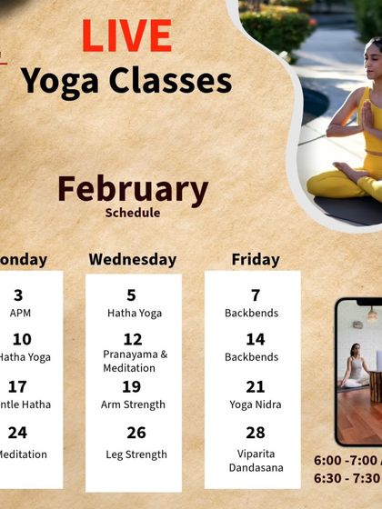 Our February schedule, where the theme was Asana, Pranayama, and Meditation. We worked towards the peak pose Viparita Dandasana.