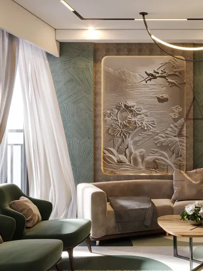 This contemporary living room features a stunning 3D mural, a dark green textured wall, and a modern curved chandelier, creating a space that is both artistic and comfortable.
