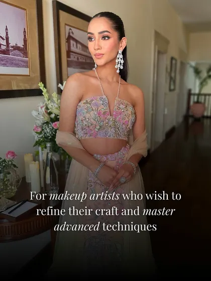A look for makeup artists who wish to refine their craft. This pastel outfit is paired with a soft, glowing makeup look, demonstrating advanced techniques in creating ethereal beauty.