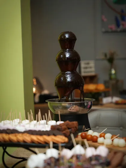 Another view of the dessert station, showing the variety of treats available to dip in the chocolate fountain.