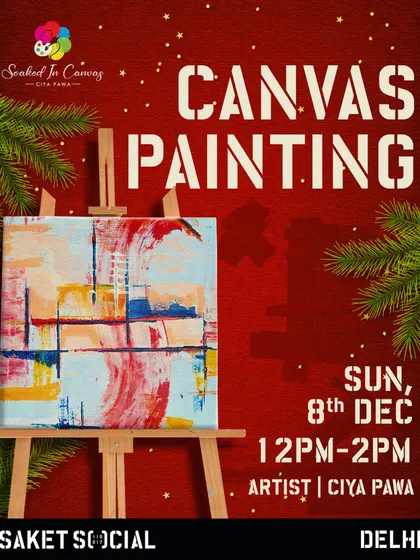 A festive poster for our December canvas painting workshop at Saket Social, perfect for getting into the holiday spirit with art.