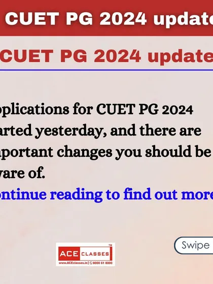 A carousel post detailing important updates for the CUET PG 2024 exam, starting with the application commencement announcement.