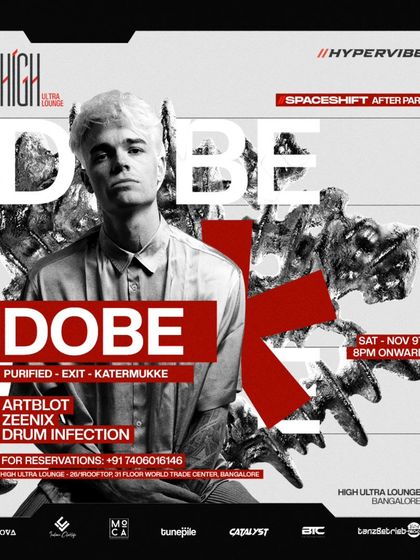 The main flyer for the Spaceshift afterparty at High Ultra Lounge, featuring Dobe. A night of dark grooves and hypnotic vibes.