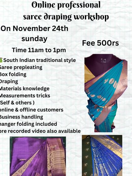 A flyer for a Sunday workshop in November, covering the full syllabus from pre-pleating to business handling.