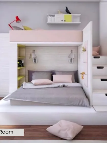 A clever bunk bed design for a shared kids' room that maximizes floor space. The stairs leading to the top bunk double as storage drawers, combining fun with functionality.