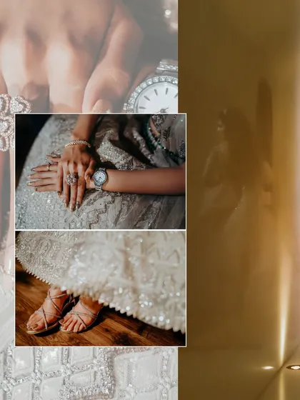 A collage focusing on the fine details of the bride's reception look. From her designer watch and rings to her sparkling shoes, we capture every element of her carefully curated style.