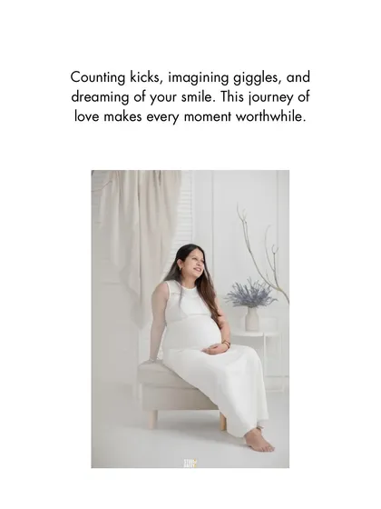 A serene and classic maternity portrait. The mother-to-be, dressed in all white, radiates a peaceful glow, perfectly capturing the quiet dreams and happy anticipation of pregnancy.