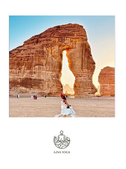 A moment of quiet practice near Elephant Rock in Al-Ula. Using the natural formations as a backdrop for our meditation connects us deeply to the earth's ancient energy.