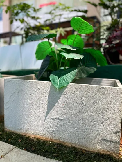 Introducing our limited edition Stone Series. This rectangular planter is crafted from natural stone with a unique rough texture, offering a minimalist yet rugged look for modern landscaping.