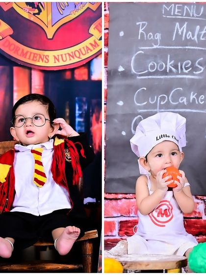 A split image of a baby as Harry Potter and as a little chef, advertising a package with multiple themes.