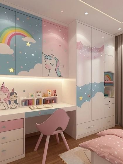 This enchanting bedroom features a study desk with a rainbow and unicorn theme. The adjacent wardrobe continues the magical design, with open shelving for toys and books.