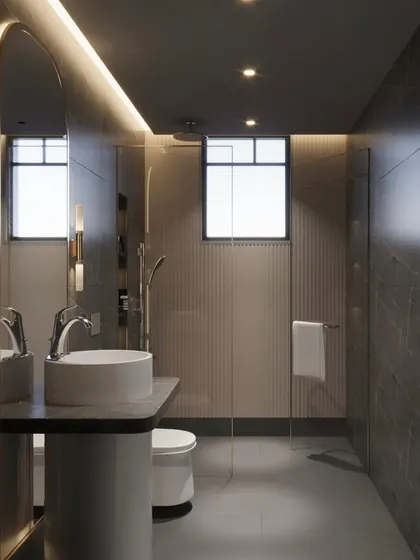 Another view of the grey and beige bathroom concept, showing the walk-in shower area with fluted wall panels. 3D renders like this help us perfect the layout and material selection with our clients.