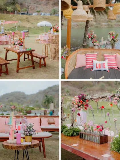 A collage of details from the 'Sunny Sway Soirée', showcasing the vibrant floral arrangements, custom 'LOVE' cushions, and playful seating areas that defined this Coachella-inspired event.