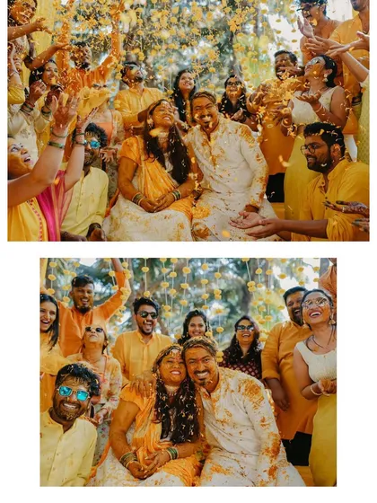 A collage showing the whole family getting in on the Haldi fun. These group shots are full of energy and show the collective joy of the celebration.
