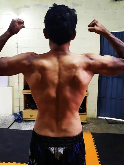 A back physique shot. A strong back is the foundation for powerful punches and kicks.