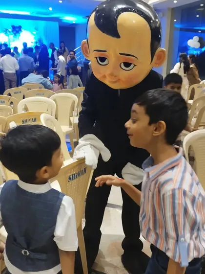 A special appearance from the Boss Baby mascot at Ibhaan's birthday party. These character visits create amazing photo opportunities and lasting memories.