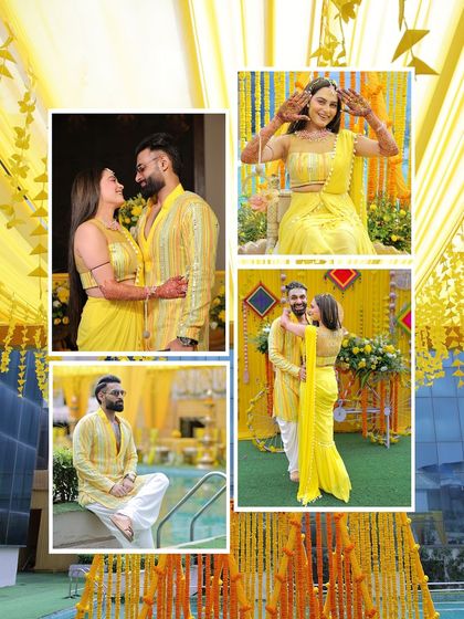 A summary of a beautiful Haldi day. This collage brings together key moments: the couple's portraits, the bride's playful pose, the groom by the pool, and the overall festive decor.