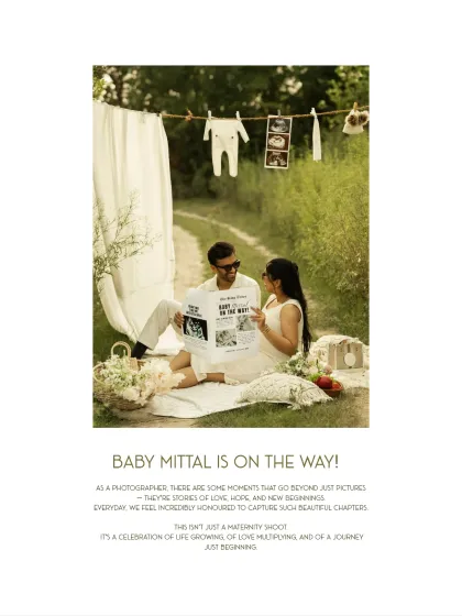 A creative pregnancy announcement photo. The couple reads a custom newspaper headlined "Baby Mittal is on the way!" during their styled picnic, a fun and personal touch to their maternity session.