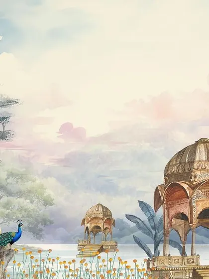 The 'Royal Rajasthan' wallpaper in full color, a vibrant, hand-painted mural inspired by the rich heritage and pastel skies of the region.