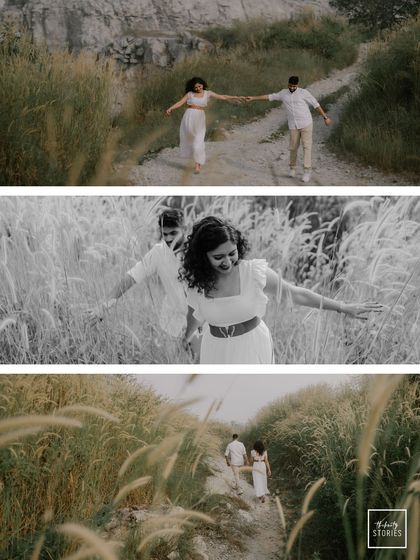 A series of moments from a walk in nature. This collage shows the dynamic and playful energy of the couple, from running freely to sharing a quiet glance.
