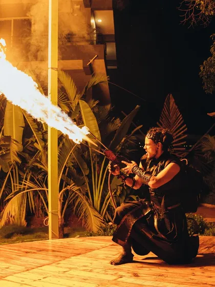 For a high-impact finale or a powerful statement piece, we bring out the fire gun. This custom prop unleashes a controlled jet of flame, creating a breathtaking moment of power and heat that captivates any audience.