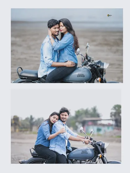 A set of two photos featuring the couple on a motorcycle, capturing both a romantic embrace and a candid riding shot.