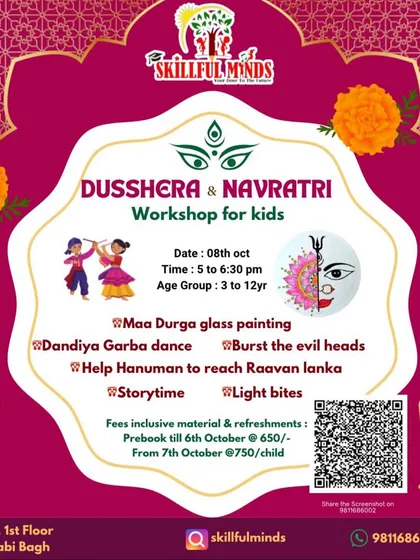 An invitation to our Dussehra & Navratri workshop, where kids can engage in Maa Durga glass painting, Dandiya Garba dance, and interactive games that tell the story of the festival.