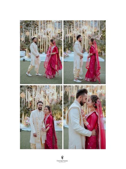 A four-panel collage of the couple's first moments as husband and wife, from their first look to a sweet kiss.