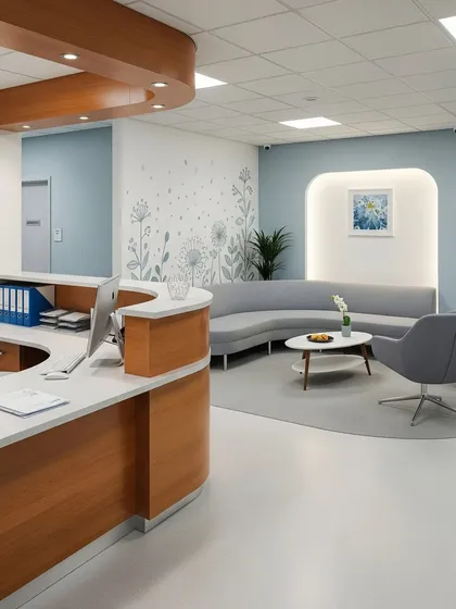 A welcoming clinic reception featuring a curved wooden desk and a comfortable, curved grey sofa in the waiting area. A delicate floral decal on the wall adds a soft, calming touch to the professional space.